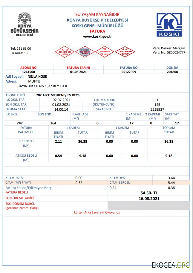 Turkey water utility bill template in Word and PDF format